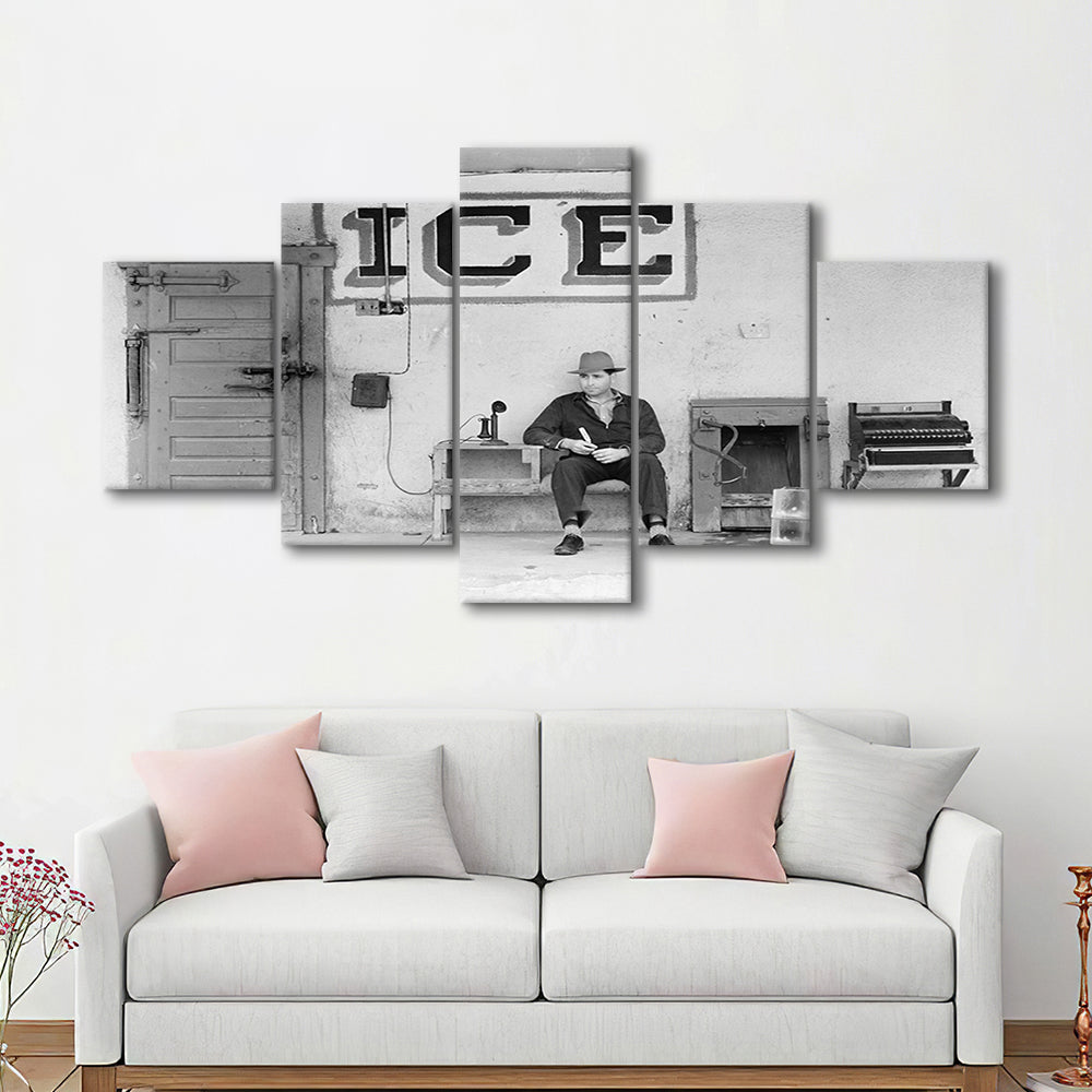 Man Selling Ice Retro Photography Black and White Art Storefront Photo, Mixed 5 Pieces Canvas Print