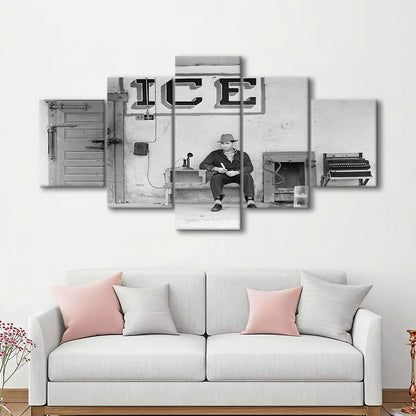 Man Selling Ice Retro Photography Black and White Art Storefront Photo, Mixed 5 Pieces Canvas Print
