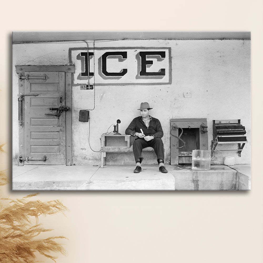 Man Selling Ice Retro Photography Black and White Art Storefront Photo, Canvas Print Wall Art Decor