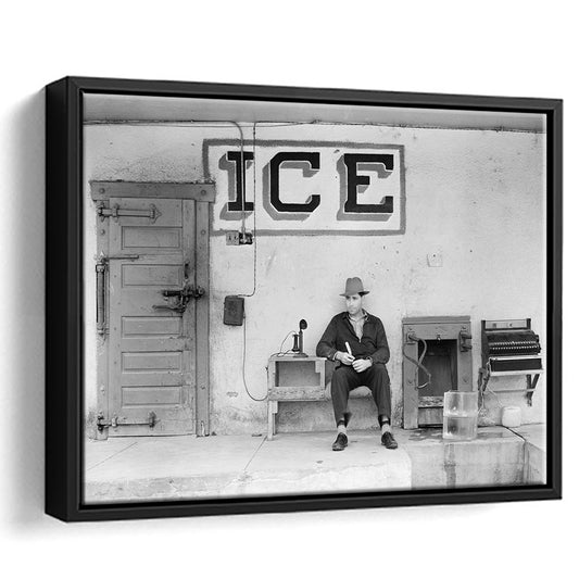 Man Selling Ice Retro Photography Black and White Art Storefront Photo, Floating Framed Canvas Print