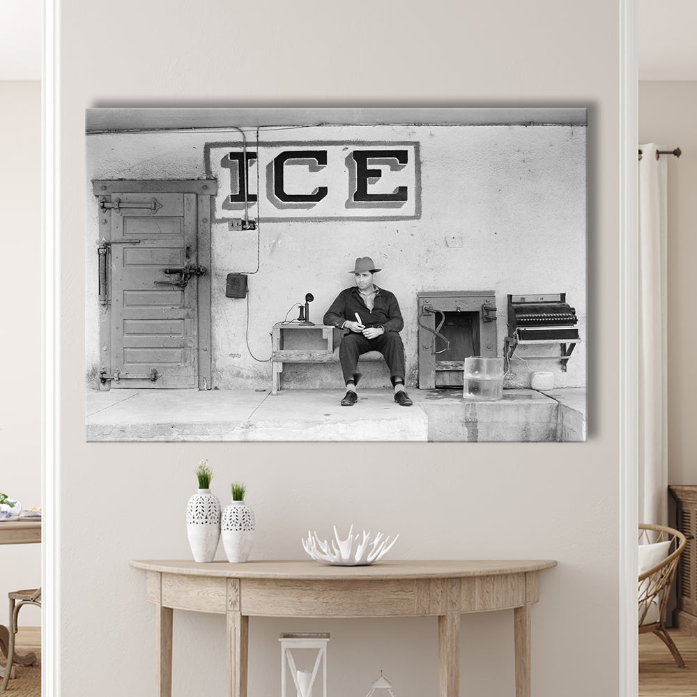 Man Selling Ice Retro Photography Black and White Art Storefront Photo, Canvas Print Wall Art Decor