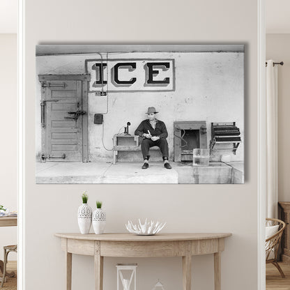 Man Selling Ice Retro Photography Black and White Art Storefront Photo, Canvas Print Wall Art Decor