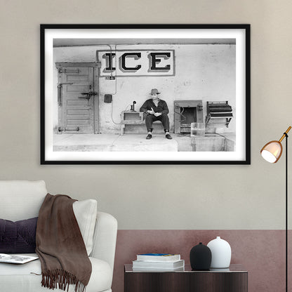 Man Selling Ice Retro Photography Black and White Art Storefront Photo, Framed Art Print White Border Wall Decor