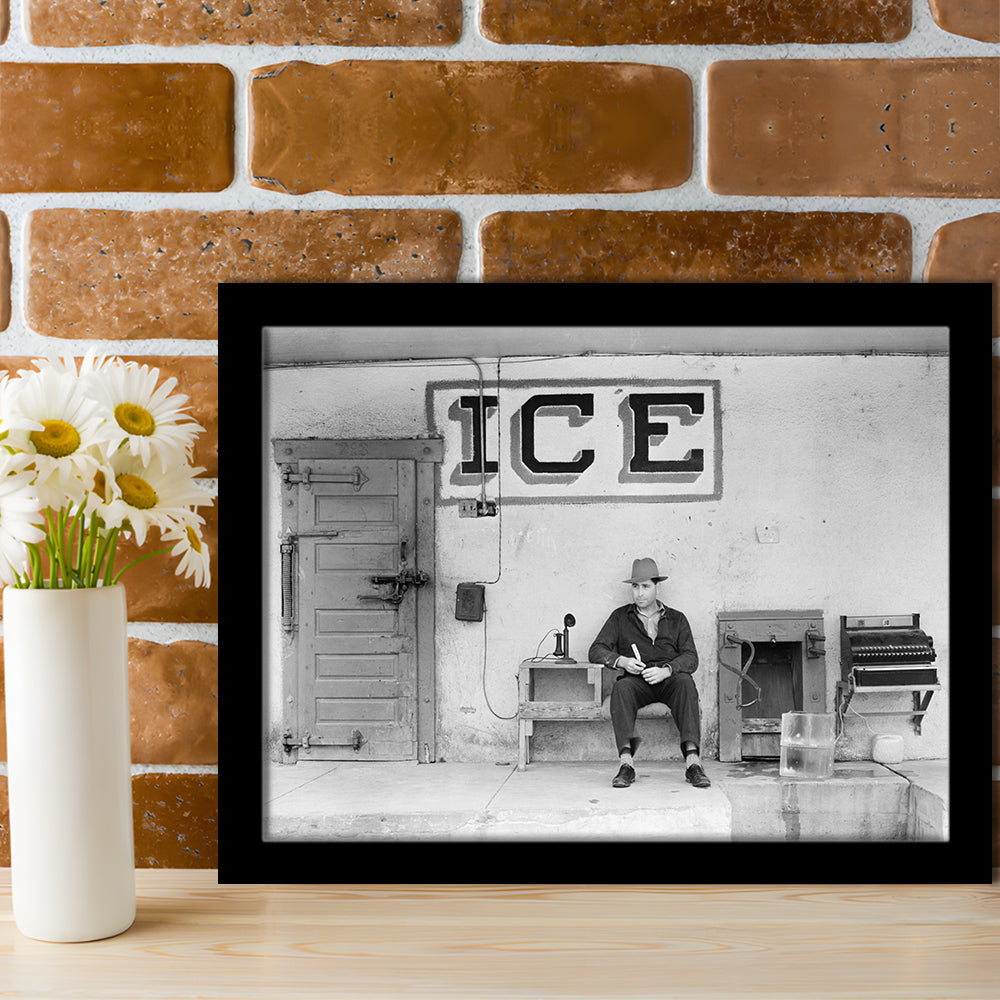 Man Selling Ice Retro Photography Black and White Art Storefront Photo, Framed Art Print Wall Decor