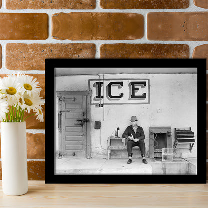 Man Selling Ice Retro Photography Black and White Art Storefront Photo, Framed Art Print Wall Decor