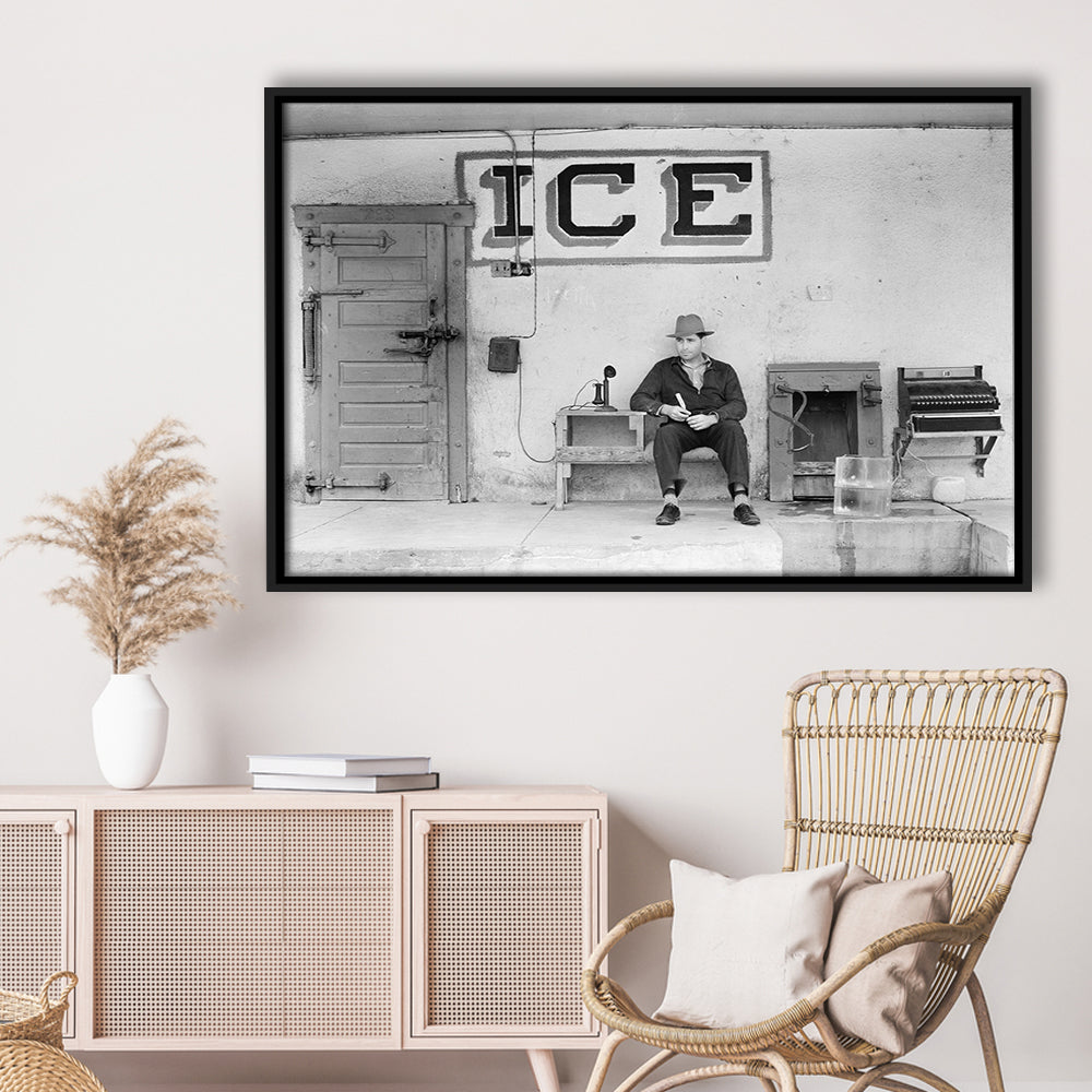 Man Selling Ice Retro Photography Black and White Art Storefront Photo, Floating Framed Canvas Print