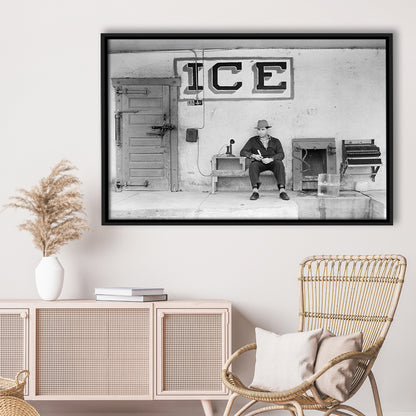 Man Selling Ice Retro Photography Black and White Art Storefront Photo, Floating Framed Canvas Print