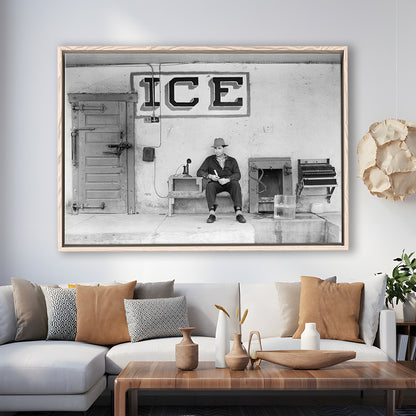 Man Selling Ice Retro Photography Black and White Art Storefront Photo, Floating Framed Canvas Print