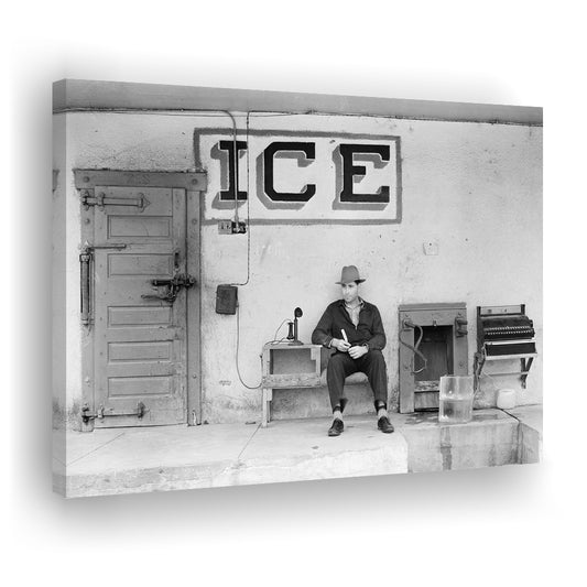 Man Selling Ice Retro Photography Black and White Art Storefront Photo, Canvas Print Wall Art Decor