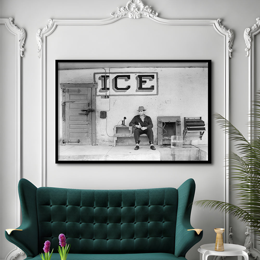 Man Selling Ice Retro Photography Black and White Art Storefront Photo, Framed Art Print Wall Decor