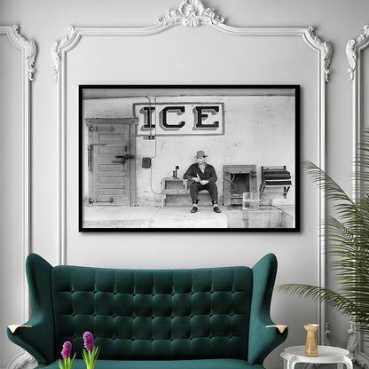 Man Selling Ice Retro Photography Black and White Art Storefront Photo, Framed Art Print Wall Decor
