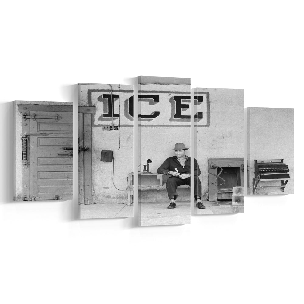 Man Selling Ice Retro Photography Black and White Art Storefront Photo, Mixed 5 Pieces Canvas Print