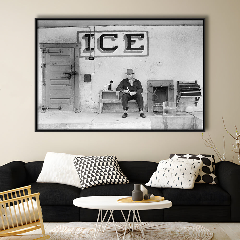 Man Selling Ice Retro Photography Black and White Art Storefront Photo, Floating Framed Canvas Print