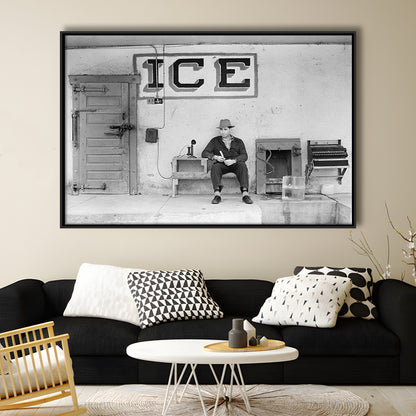 Man Selling Ice Retro Photography Black and White Art Storefront Photo, Floating Framed Canvas Print