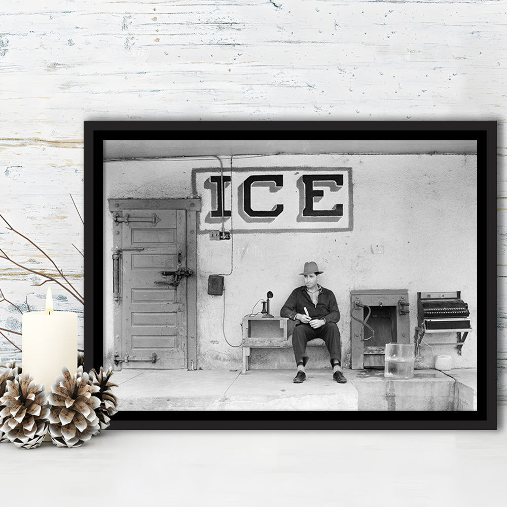 Man Selling Ice Retro Photography Black and White Art Storefront Photo, Floating Framed Canvas Print