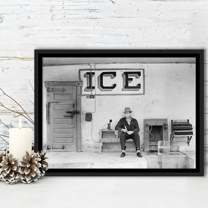 Man Selling Ice Retro Photography Black and White Art Storefront Photo, Floating Framed Canvas Print