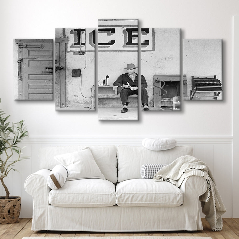 Man Selling Ice Retro Photography Black and White Art Storefront Photo, Mixed 5 Pieces Canvas Print