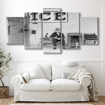 Man Selling Ice Retro Photography Black and White Art Storefront Photo, Mixed 5 Pieces Canvas Print