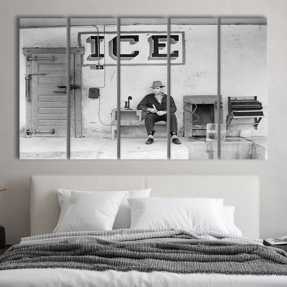 Man Selling Ice Retro Photography Black and White Art Storefront Photo, 5 Pieces Large Canvas Print