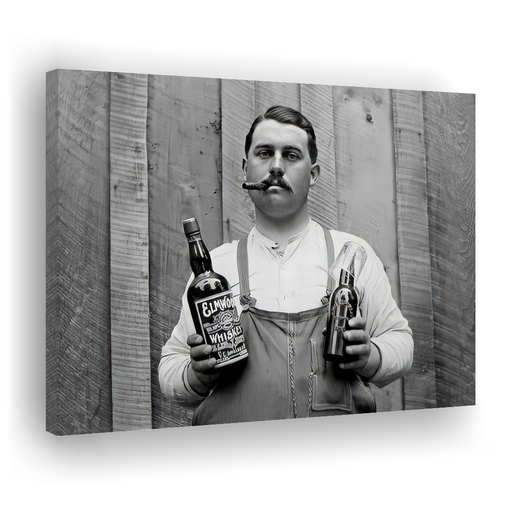 Man Smoking Cigar Holding Whiskey Bottle Print, Alcohol Prohibition Canvas Print Wall Art, Black and White, Man Cave Decor
