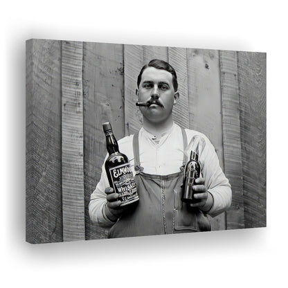 Man Smoking Cigar Holding Whiskey Bottle Print, Alcohol Prohibition Canvas Print Wall Art, Black and White, Man Cave Decor