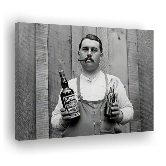 Man Smoking Cigar Holding Whiskey Bottle Print, Alcohol Prohibition Canvas Print Wall Art, Black and White, Man Cave Decor