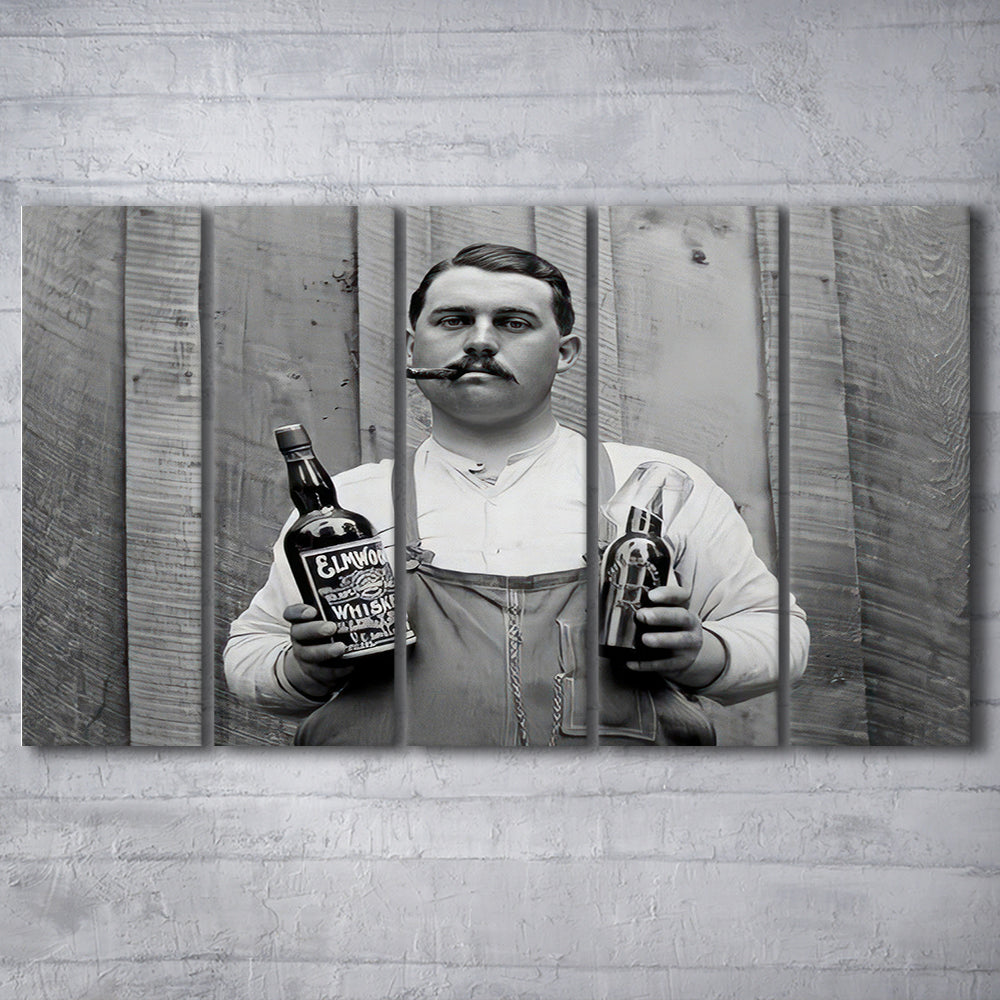 Man Smoking Cigar Holding Whiskey Bottle Print, Alcohol 5 Panels Canvas Print Wall Art, Black and White, Man Cave Decor