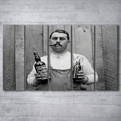 Man Smoking Cigar Holding Whiskey Bottle Print, Alcohol 5 Panels Canvas Print Wall Art, Black and White, Man Cave Decor