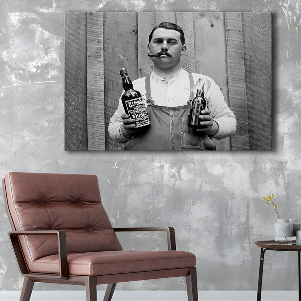 Man Smoking Cigar Holding Whiskey Bottle Print, Alcohol Prohibition Canvas Print Wall Art, Black and White, Man Cave Decor