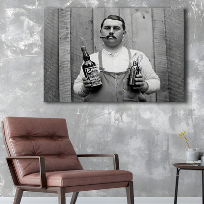 Man Smoking Cigar Holding Whiskey Bottle Print, Alcohol Prohibition Canvas Print Wall Art, Black and White, Man Cave Decor