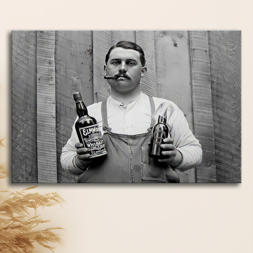 Man Smoking Cigar Holding Whiskey Bottle Print, Alcohol Prohibition Canvas Print Wall Art, Black and White, Man Cave Decor