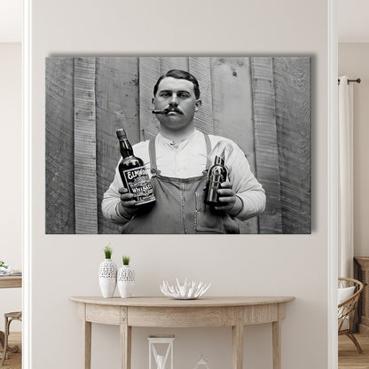 Man Smoking Cigar Holding Whiskey Bottle Print, Alcohol Prohibition Canvas Print Wall Art, Black and White, Man Cave Decor