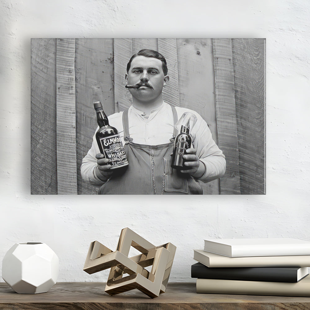 Man Smoking Cigar Holding Whiskey Bottle Print, Alcohol Prohibition Canvas Print Wall Art, Black and White, Man Cave Decor