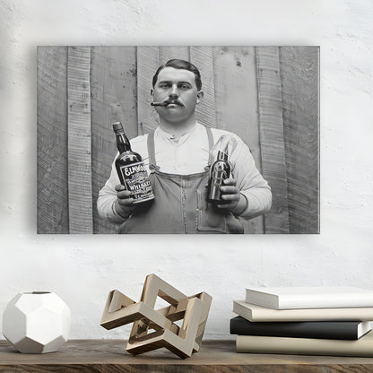 Man Smoking Cigar Holding Whiskey Bottle Print, Alcohol Prohibition Canvas Print Wall Art, Black and White, Man Cave Decor