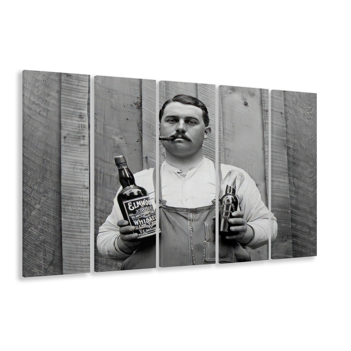Man Smoking Cigar Holding Whiskey Bottle Print, Alcohol 5 Panels Canvas Print Wall Art, Black and White, Man Cave Decor
