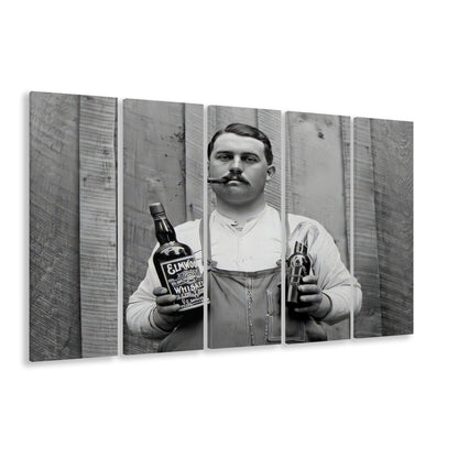 Man Smoking Cigar Holding Whiskey Bottle Print, Alcohol 5 Panels Canvas Print Wall Art, Black and White, Man Cave Decor
