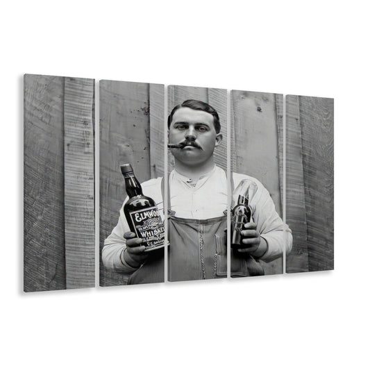 Man Smoking Cigar Holding Whiskey Bottle Print, Alcohol 5 Panels Canvas Print Wall Art, Black and White, Man Cave Decor