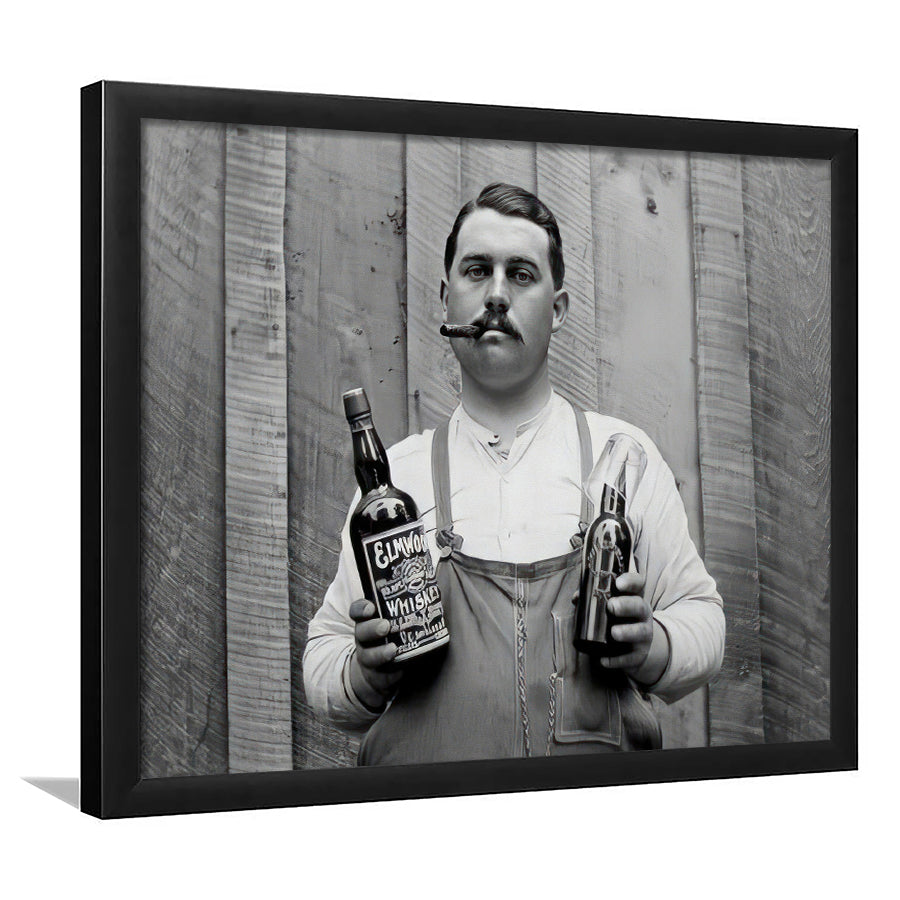Man Smoking Cigar Holding Whiskey Bottle Print, Alcohol Framed Art Print Wall Decor, Black and White, Man Cave Decor