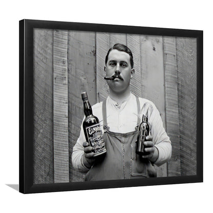 Man Smoking Cigar Holding Whiskey Bottle Print, Alcohol Framed Art Print Wall Decor, Black and White, Man Cave Decor