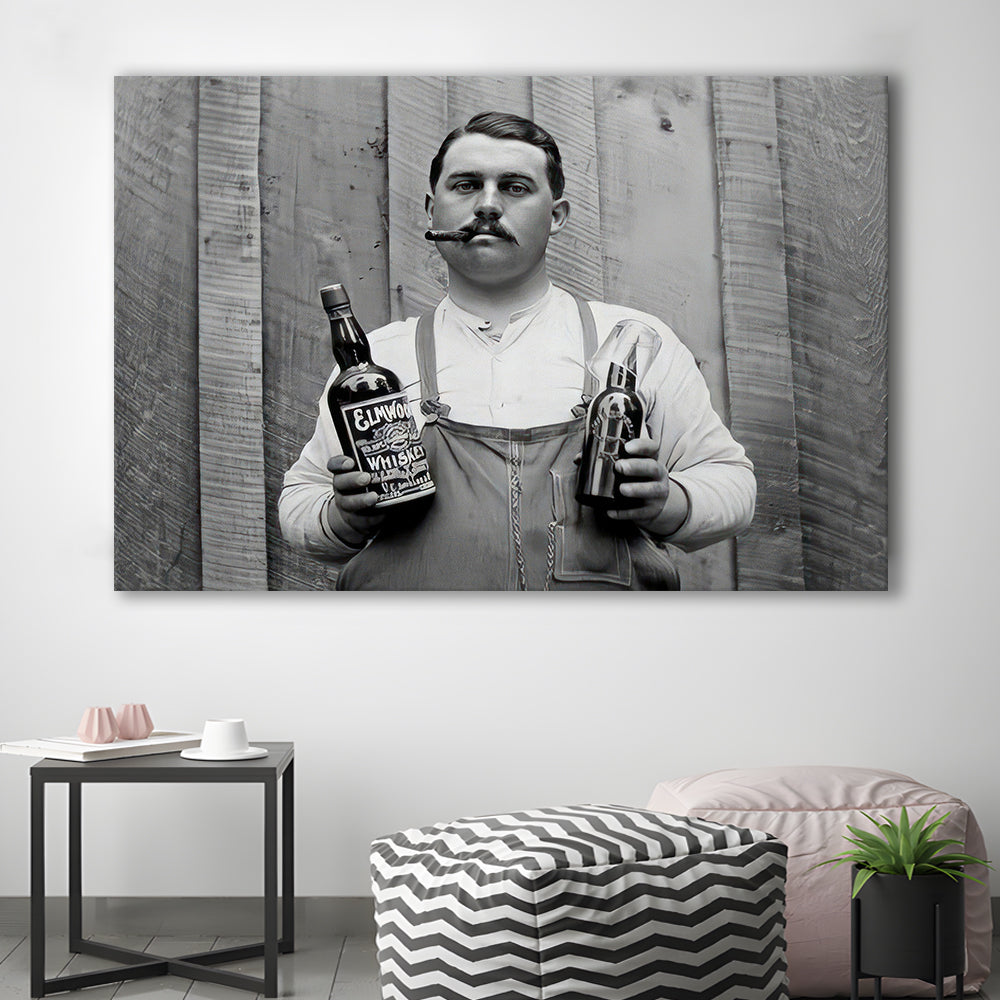 Man Smoking Cigar Holding Whiskey Bottle Print, Alcohol Prohibition Canvas Print Wall Art, Black and White, Man Cave Decor
