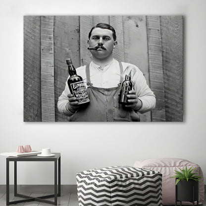 Man Smoking Cigar Holding Whiskey Bottle Print, Alcohol Prohibition Canvas Print Wall Art, Black and White, Man Cave Decor