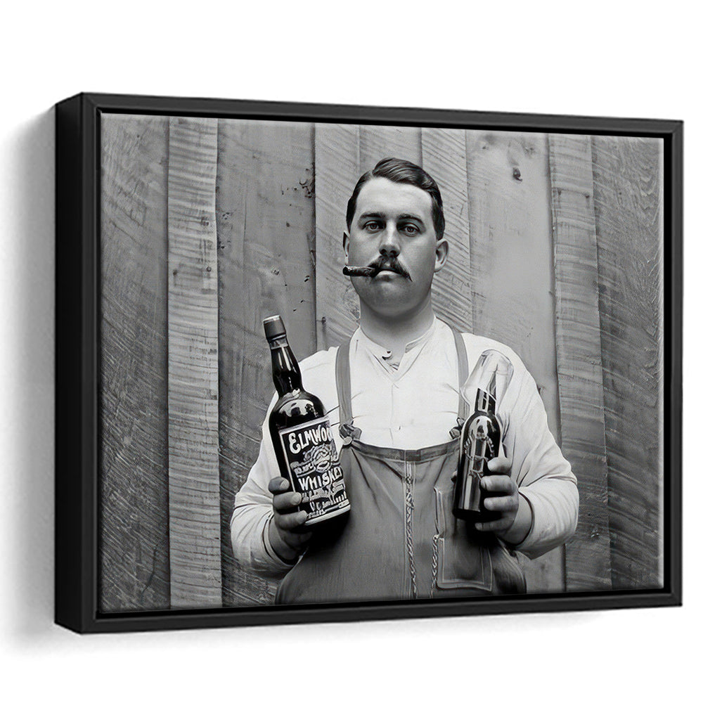 Man Smoking Cigar Holding Whiskey Bottle Print, Alcohol Framed Canvas Print Wall Art, Black and White, Man Cave Decor