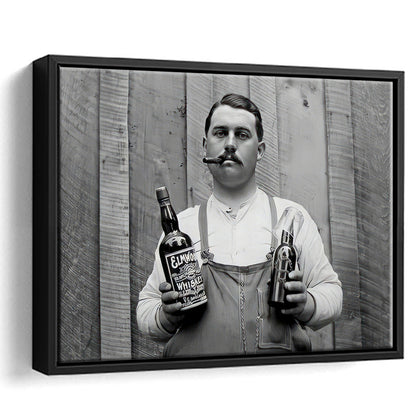 Man Smoking Cigar Holding Whiskey Bottle Print, Alcohol Framed Canvas Print Wall Art, Black and White, Man Cave Decor