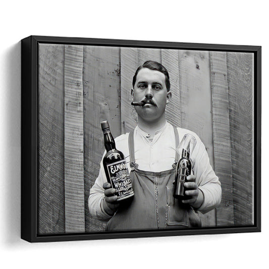 Man Smoking Cigar Holding Whiskey Bottle Print, Alcohol Framed Canvas Print Wall Art, Black and White, Man Cave Decor