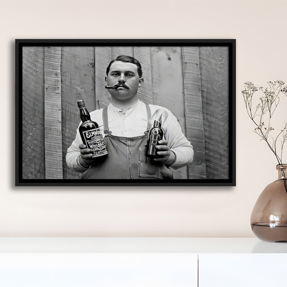 Man Smoking Cigar Holding Whiskey Bottle Print, Alcohol Framed Canvas Print Wall Art, Black and White, Man Cave Decor