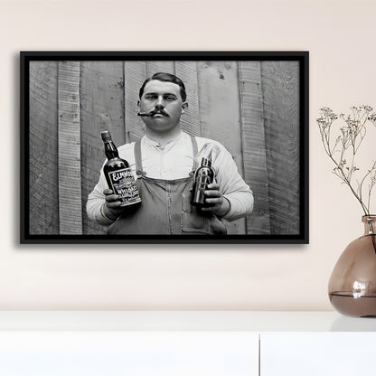 Man Smoking Cigar Holding Whiskey Bottle Print, Alcohol Framed Canvas Print Wall Art, Black and White, Man Cave Decor