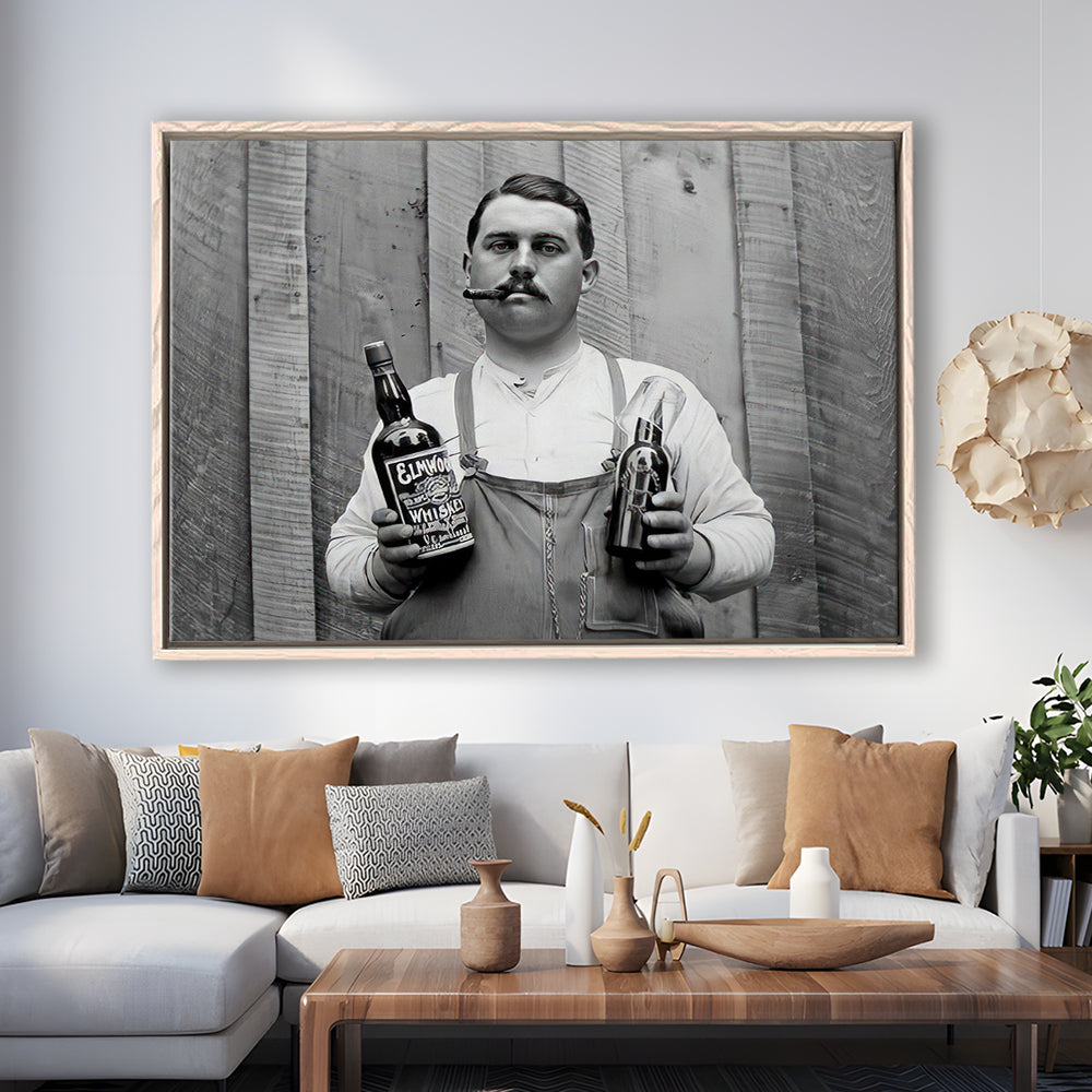 Man Smoking Cigar Holding Whiskey Bottle Print, Alcohol Framed Canvas Print Wall Art, Black and White, Man Cave Decor