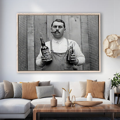 Man Smoking Cigar Holding Whiskey Bottle Print, Alcohol Framed Canvas Print Wall Art, Black and White, Man Cave Decor