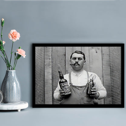 Man Smoking Cigar Holding Whiskey Bottle Print, Alcohol Framed Art Print Wall Decor, Black and White, Man Cave Decor