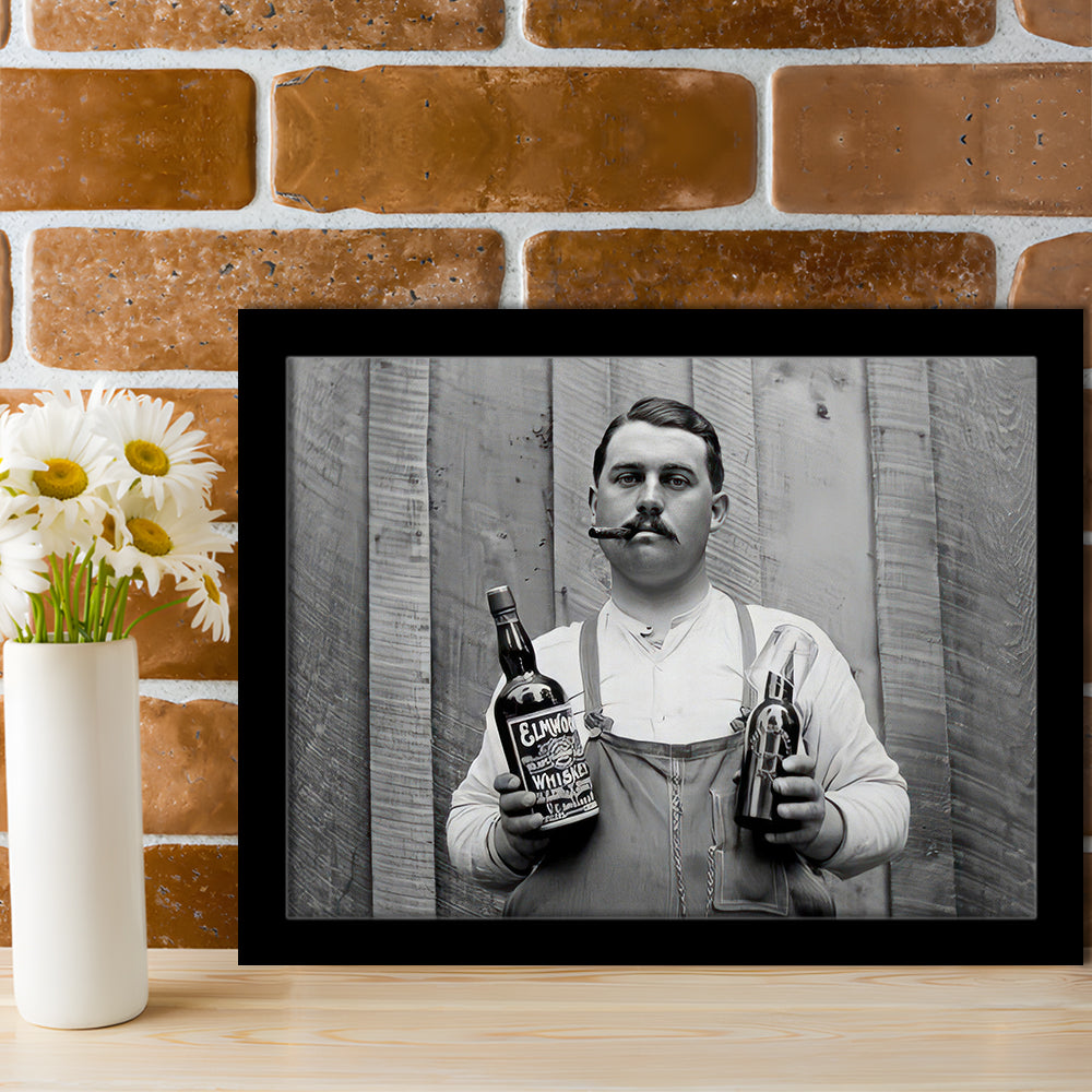 Man Smoking Cigar Holding Whiskey Bottle Print, Alcohol Framed Art Print Wall Decor, Black and White, Man Cave Decor